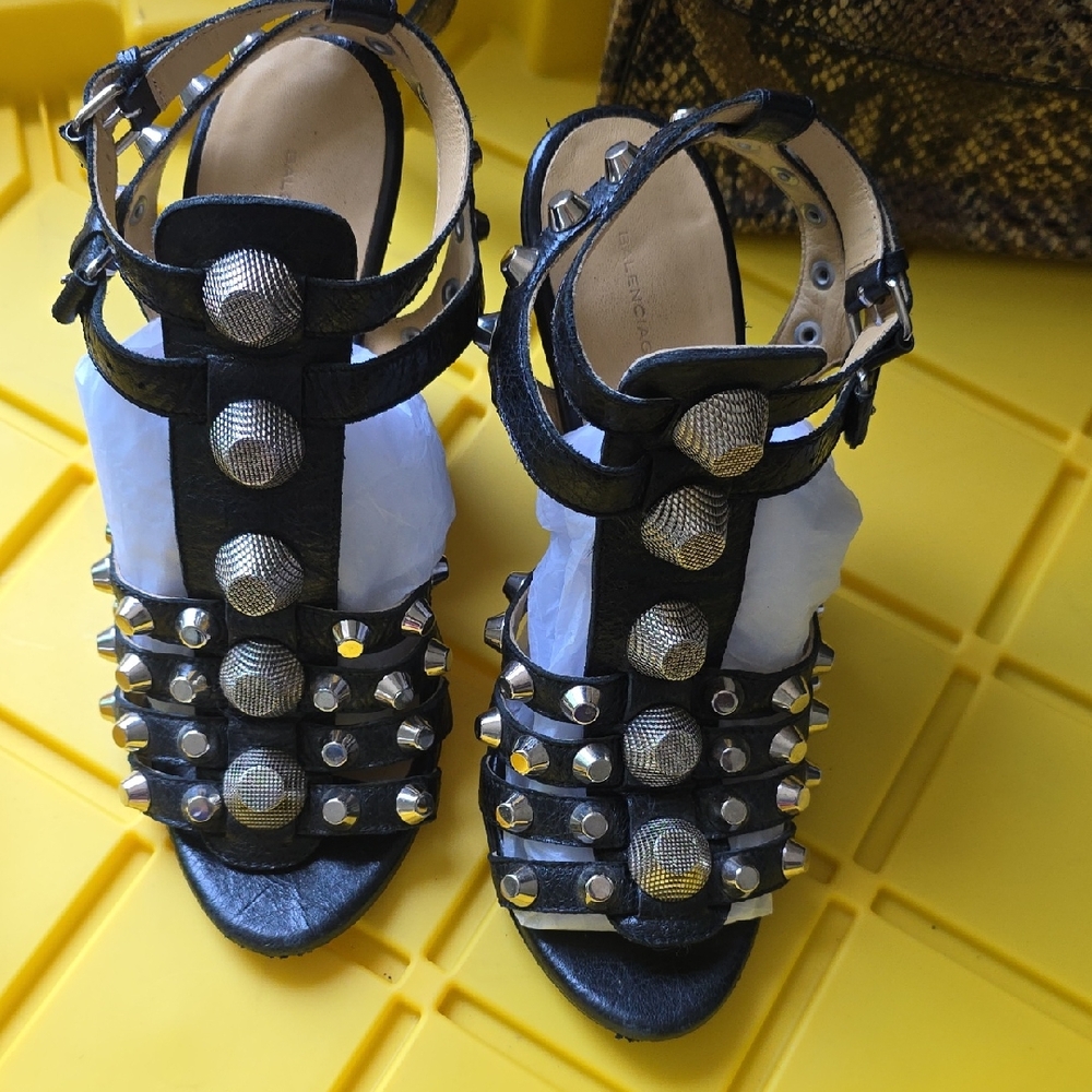 Balenciaga Black and Silver Studded Sandals